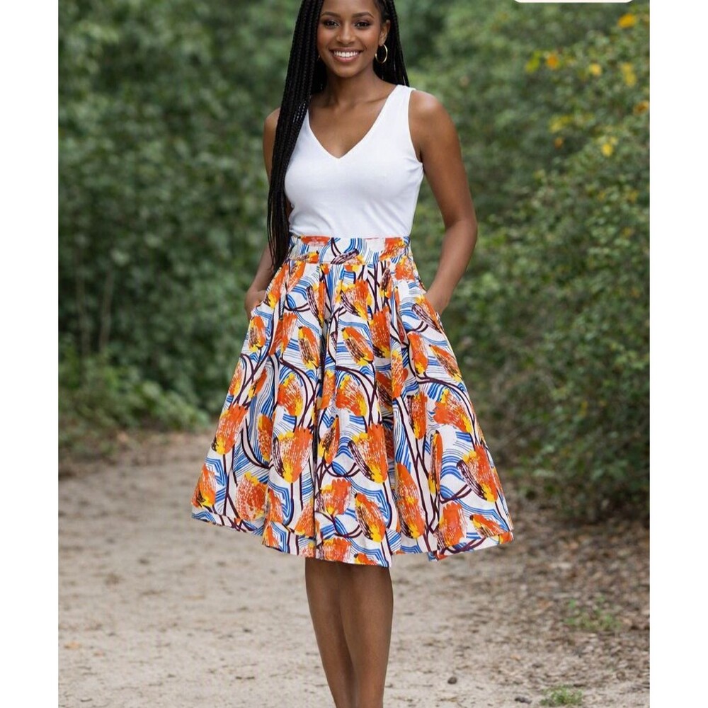 Francis + Benedict Pleated Skirt XS Abstract Floral Orange Blue Africa NWT
